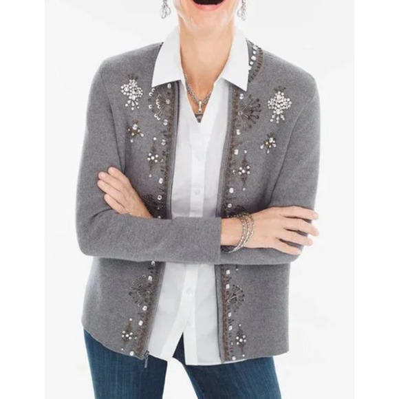 Chico's Gray Full Zip Rhinestone Beaded Placket Cardigan Sweater Womans Size XL - Picture 1 of 7